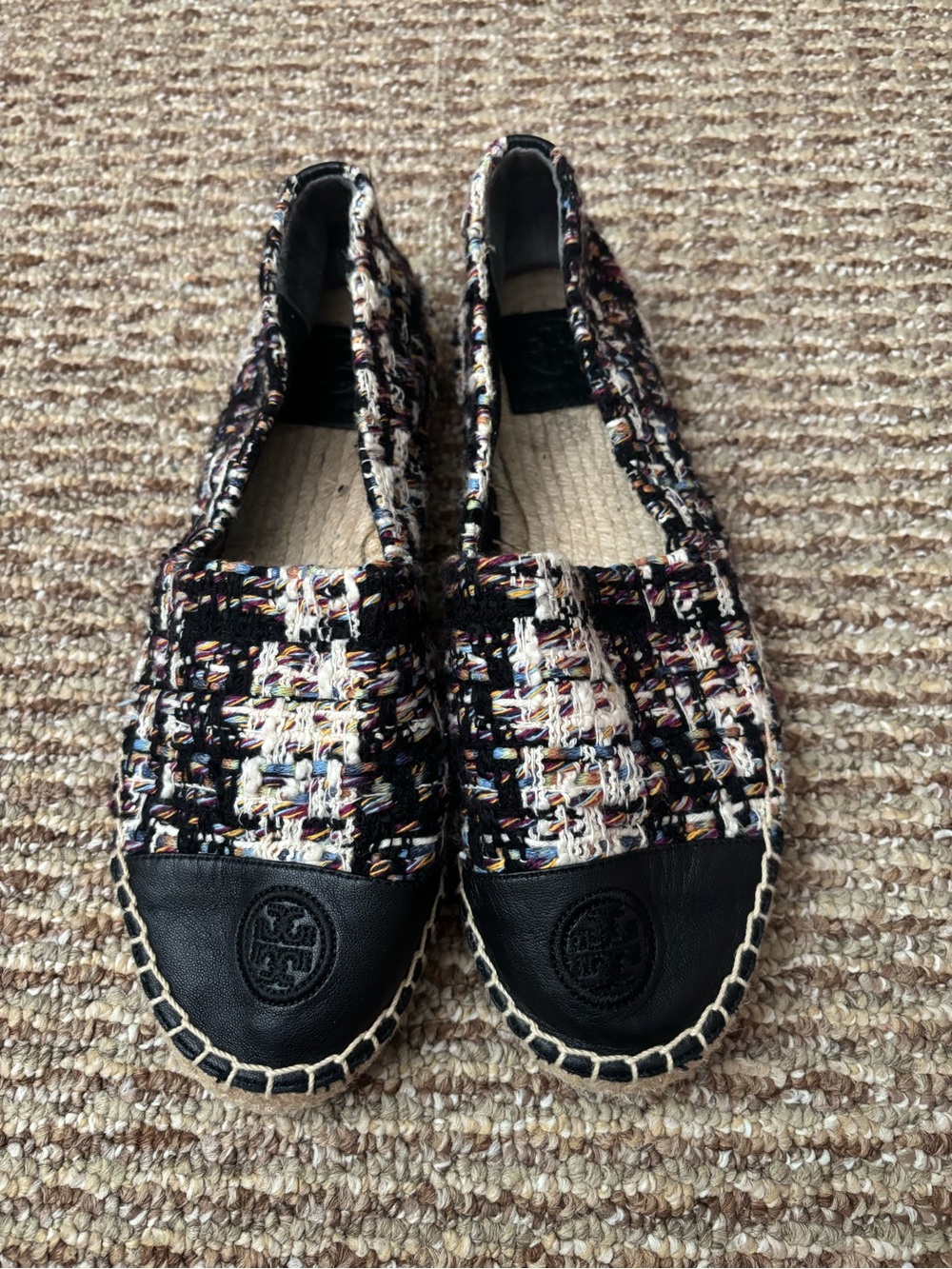 Tory Burch Multi-Color Tweed Espadrilles with Black Leather Toe